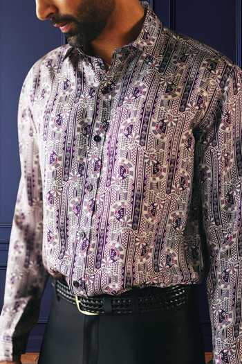 Shop_Raghavendra Rathore Jodhpur_Purple Silk, Twill Ornamental Print Shirt _Online_at_Aza_Fashions