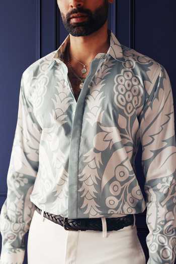 Shop Raghavendra Rathore Jodhpur Green Cotton Pastel Ease Printed Shirt Online at Aza Fashions Shop_Raghavendra Rathore Jodhpur_Green Cotton Pastel Ease Printed Shirt _Online_at_Aza_Fashions