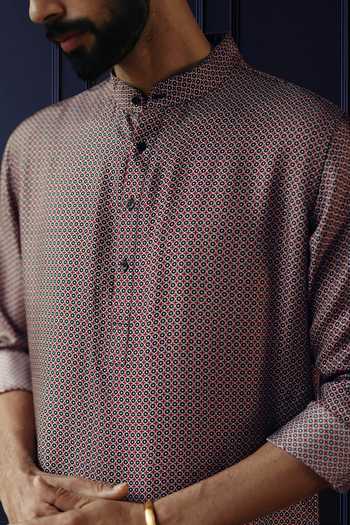Raghavendra Rathore Jodhpur_Maroon Silk, Linen Mist Printed Kurta _Online_at_Aza_Fashions