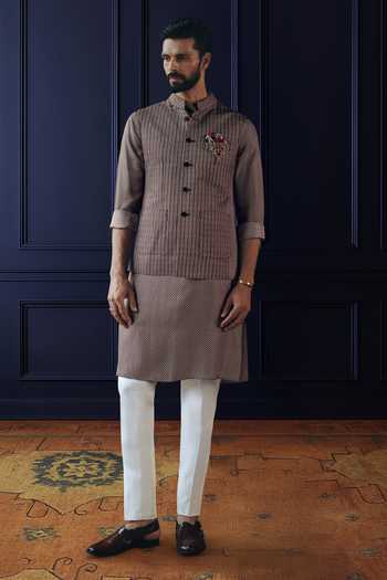 Raghavendra Rathore Jodhpur Grey Grid Textured Nehru Jacket 