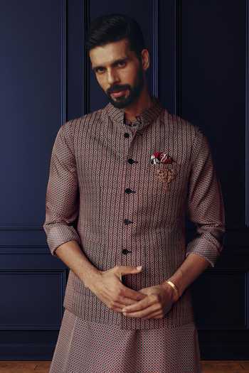 Raghavendra Rathore Jodhpur Grey Grid Textured Nehru Jacket 