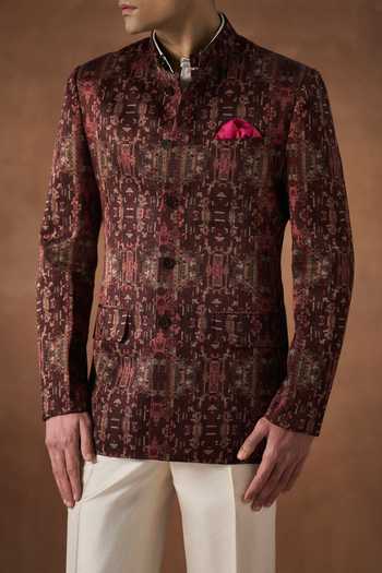 Buy_Raghavendra Rathore Jodhpur_Gold Silk Embroidery Layered Axis Printed Bandhgala _Online_at_Aza_Fashions