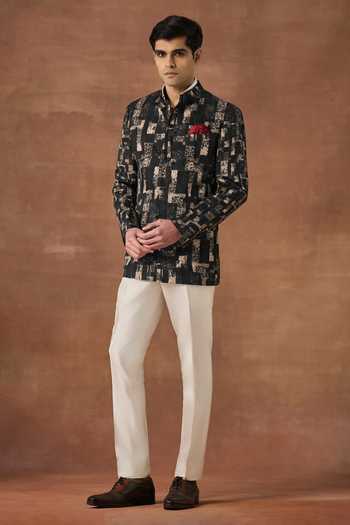 Raghavendra Rathore Jodhpur Black Silk Applique Timeworn Printed Bandhgala Online at Aza Fashions Raghavendra Rathore Jodhpur_Black Silk Applique Timeworn Printed Bandhgala _Online_at_Aza_Fashions