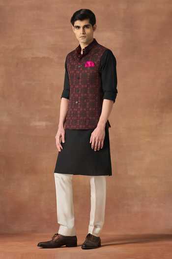Raghavendra Rathore Jodhpur Black Silk Rampart Mosaic Print Nehru Jacket Online at Aza Fashions Raghavendra Rathore Jodhpur_Black Silk Rampart Mosaic Print Nehru Jacket _Online_at_Aza_Fashions