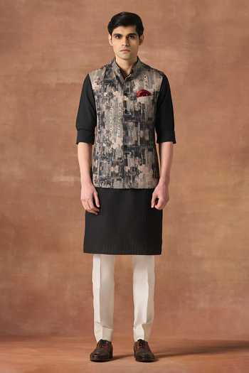 Raghavendra Rathore Jodhpur_Black Silk Architectural Trace Print Nehru Jacket _Online_at_Aza_Fashions