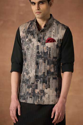 Buy_Raghavendra Rathore Jodhpur_Black Silk Architectural Trace Print Nehru Jacket _Online_at_Aza_Fashions