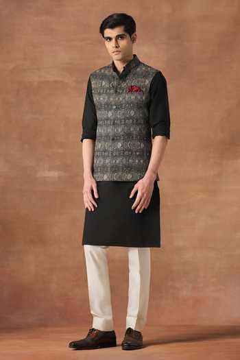 Raghavendra Rathore Jodhpur Black Silk Layered Imprint Nehru Jacket Online at Aza Fashions Raghavendra Rathore Jodhpur_Black Silk Layered Imprint Nehru Jacket _Online_at_Aza_Fashions