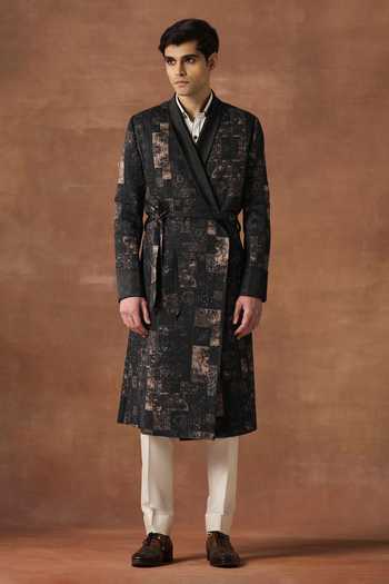 Raghavendra Rathore Jodhpur_Black Silk Bastion Quilt Robe _Online_at_Aza_Fashions