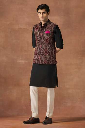 Raghavendra Rathore Jodhpur_Gold Silk Grid Embroidered Nehru Jacket _Online_at_Aza_Fashions