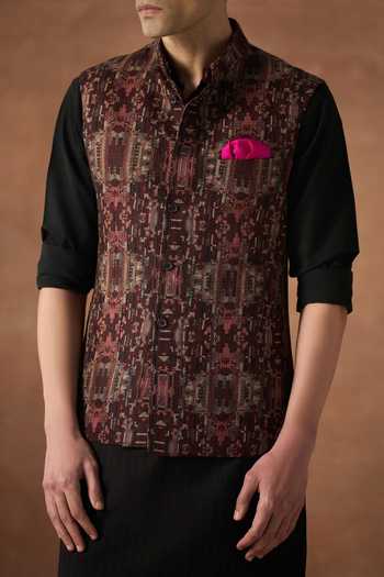 Buy_Raghavendra Rathore Jodhpur_Gold Silk Grid Embroidered Nehru Jacket _Online_at_Aza_Fashions