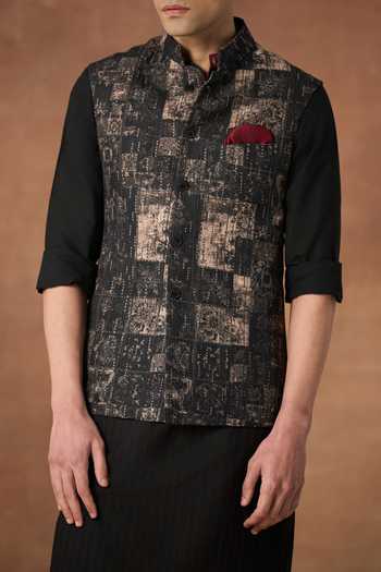 Raghavendra Rathore Jodhpur_Black Silk Carved Shadow Embroidered Nehru Jacket _Online_at_Aza_Fashions