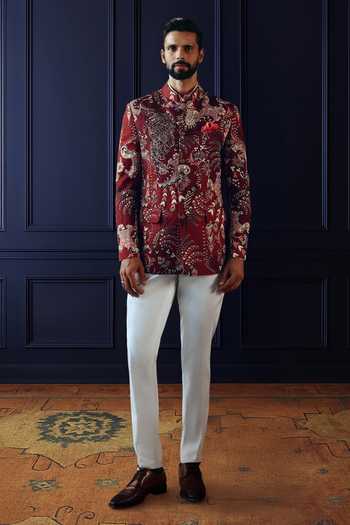 Raghavendra Rathore Jodhpur_Multi Color Silk, Linen Regal Tapestry Print Bandhgala _Online_at_Aza_Fashions