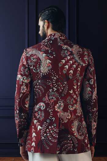 Buy_Raghavendra Rathore Jodhpur_Multi Color Silk, Linen Regal Tapestry Print Bandhgala _Online_at_Aza_Fashions