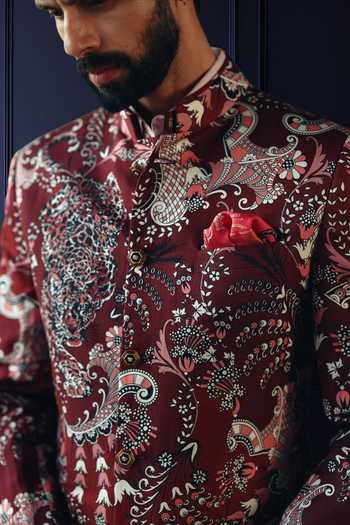 Shop_Raghavendra Rathore Jodhpur_Multi Color Silk, Linen Regal Tapestry Print Bandhgala _Online_at_Aza_Fashions