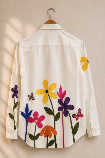 Gulaal White Cotton, Poplin Button-down Neck Patchwork Embroidered Shirt Online at Aza Fashions Gulaal_White Cotton, Poplin Button-down Neck Patchwork Embroidered Shirt _Online_at_Aza_Fashions