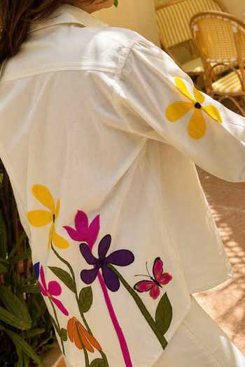 Shop Gulaal White Cotton, Poplin Button-down Neck Patchwork Embroidered Shirt Online at Aza Fashions Shop_Gulaal_White Cotton, Poplin Button-down Neck Patchwork Embroidered Shirt _Online_at_Aza_Fashions