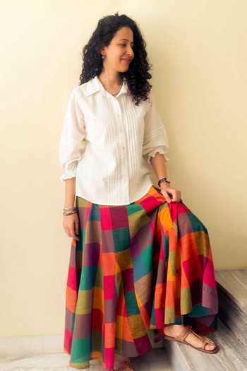 Gulaal White Cotton Collared Neck Madras Panelled Shirt And Printed Skirt Set Online at Aza Fashions Gulaal_White Cotton Collared Neck Madras Panelled Shirt And Printed Skirt Set _Online_at_Aza_Fashions