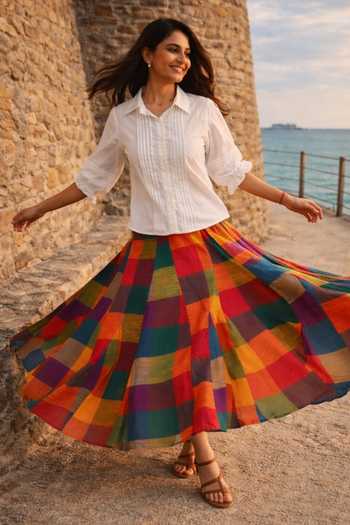Buy Gulaal White Cotton Collared Neck Madras Panelled Shirt And Printed Skirt Set Online at Aza Fashions Buy_Gulaal_White Cotton Collared Neck Madras Panelled Shirt And Printed Skirt Set _Online_at_Aza_Fashions