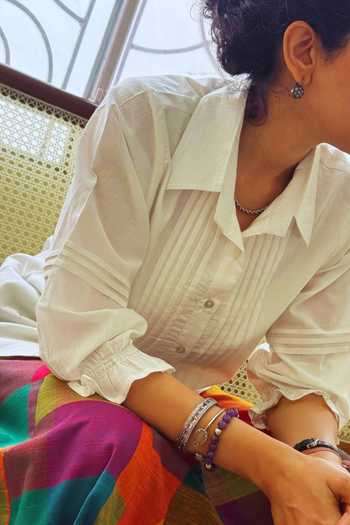 Shop Gulaal White Cotton Collared Neck Madras Panelled Shirt And Printed Skirt Set Online at Aza Fashions Shop_Gulaal_White Cotton Collared Neck Madras Panelled Shirt And Printed Skirt Set _Online_at_Aza_Fashions