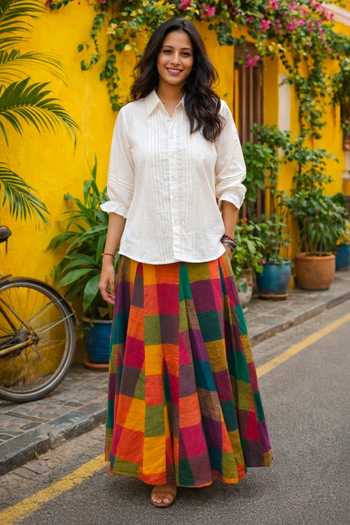 Gulaal Madras Panelled Shirt & Printed Skirt Set 