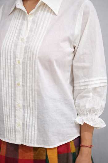 Gulaal White Cotton Collared Neck Madras Panelled Shirt And Printed Skirt Set at Aza Fashions Gulaal_White Cotton Collared Neck Madras Panelled Shirt And Printed Skirt Set _at_Aza_Fashions