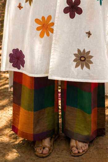 Shop_Gulaal_White Cotton, Poplin V-neck Patchwork Embroidered Kurta And Palazzo Set _Online_at_Aza_Fashions