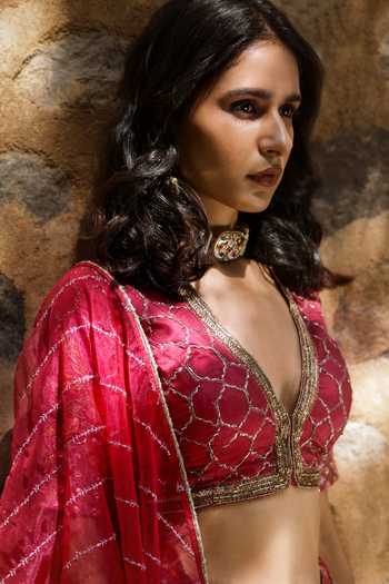 HOUSE OF TA-YA Pink Silk, Viscose V-neck Hand Embroidered Lehenga Set Online at Aza Fashions HOUSE OF TA-YA_Pink Silk, Viscose V-neck Hand Embroidered Lehenga Set _Online_at_Aza_Fashions