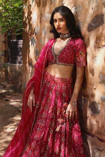 Buy HOUSE OF TA-YA Pink Silk, Viscose V-neck Hand Embroidered Lehenga Set Online at Aza Fashions Buy_HOUSE OF TA-YA_Pink Silk, Viscose V-neck Hand Embroidered Lehenga Set _Online_at_Aza_Fashions