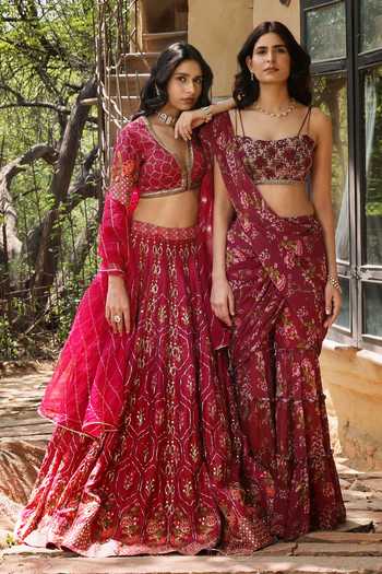 HOUSE OF TA-YA Pink Silk, Viscose V-neck Hand Embroidered Lehenga Set at Aza Fashions HOUSE OF TA-YA_Pink Silk, Viscose V-neck Hand Embroidered Lehenga Set _at_Aza_Fashions