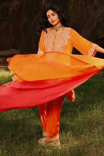 HOUSE OF TA-YA Orange Modal, Satin Round Neck Dori Embroidered Kurta Set Online at Aza Fashions HOUSE OF TA-YA_Orange Modal, Satin Round Neck Dori Embroidered Kurta Set _Online_at_Aza_Fashions