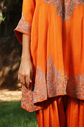 Buy HOUSE OF TA-YA Orange Modal, Satin Round Neck Dori Embroidered Kurta Set Online at Aza Fashions Buy_HOUSE OF TA-YA_Orange Modal, Satin Round Neck Dori Embroidered Kurta Set _Online_at_Aza_Fashions
