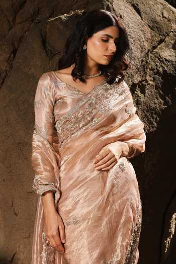 HOUSE OF TA-YA Rose Gold Crepe, Tissue V-neck Floral Border Embroidered Saree With Blouse Online at Aza Fashions HOUSE OF TA-YA_Rose Gold Crepe, Tissue V-neck Floral Border Embroidered Saree With Blouse _Online_at_Aza_Fashions
