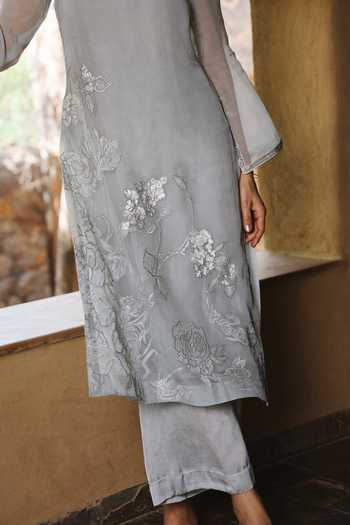 HOUSE OF TA-YA_Grey Organza, Viscose Boat Neck, Yes Embroidered Kurta And Pant Set _Online_at_Aza_Fashions