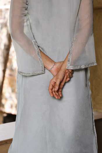 Buy_HOUSE OF TA-YA_Grey Organza, Viscose Boat Neck, Yes Embroidered Kurta And Pant Set _Online_at_Aza_Fashions