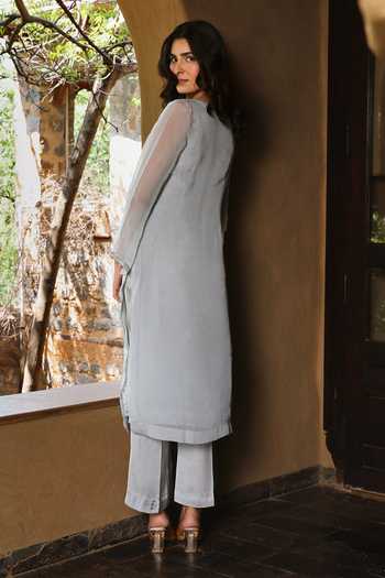 Shop_HOUSE OF TA-YA_Grey Organza, Viscose Boat Neck, Yes Embroidered Kurta And Pant Set _Online_at_Aza_Fashions