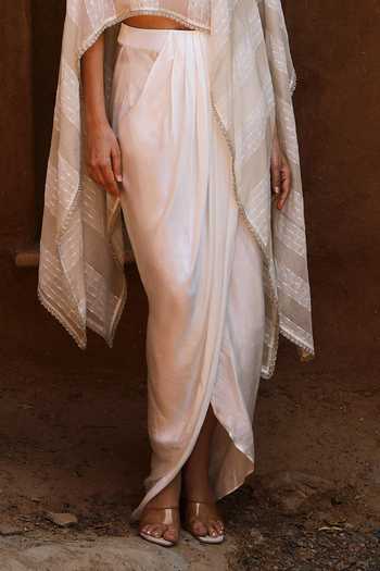 HOUSE OF TA-YA Off White Crepe, Satin, Modal Sheer Organza Cape Skirt Set Online at Aza Fashions HOUSE OF TA-YA_Off White Crepe, Satin, Modal Sheer Organza Cape Skirt Set _Online_at_Aza_Fashions