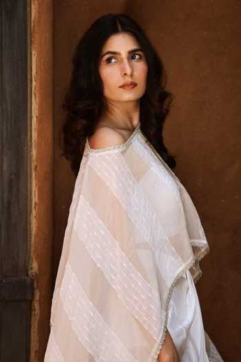 HOUSE OF TA-YA Off White Crepe, Satin, Modal Sheer Organza Cape Skirt Set at Aza Fashions HOUSE OF TA-YA_Off White Crepe, Satin, Modal Sheer Organza Cape Skirt Set _at_Aza_Fashions