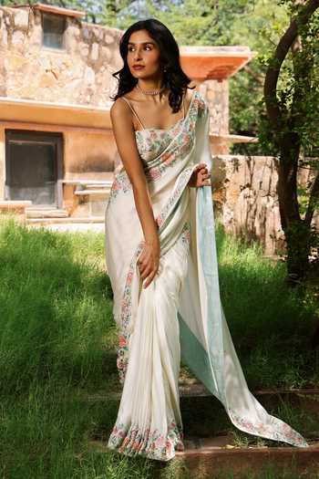 Shop HOUSE OF TA-YA Cream Silk, Viscose Sweetheart Neck Floral Border Embroidered Saree With Blouse Online at Aza Fashions Shop_HOUSE OF TA-YA_Cream Silk, Viscose Sweetheart Neck Floral Border Embroidered Saree With Blouse _Online_at_Aza_Fashions