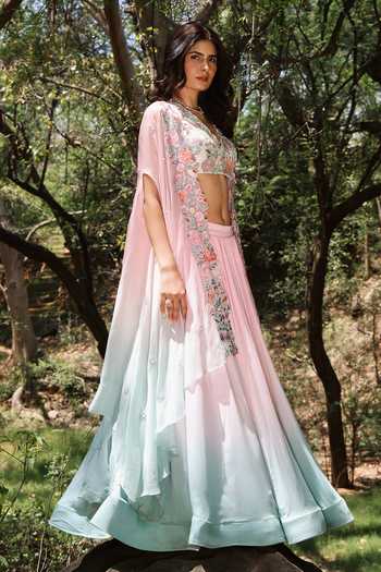 HOUSE OF TA-YA Ombre Embroidered Cape Lehenga Set 