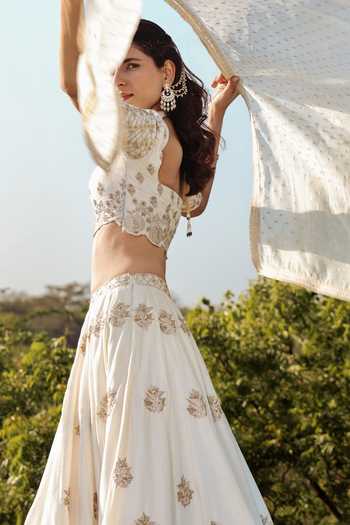 Buy HOUSE OF TA-YA Ivory Silk, Viscose Square Neck Embroidered Lehenga Set Online at Aza Fashions Buy_HOUSE OF TA-YA_Ivory Silk, Viscose Square Neck Embroidered Lehenga Set _Online_at_Aza_Fashions
