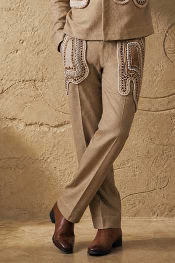 ROHIT DOSHI_Beige Linen Braid And Butter Shacket With Pant _Online_at_Aza_Fashions