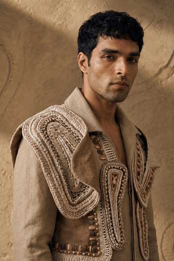 Buy_ROHIT DOSHI_Beige Linen Braid And Butter Shacket With Pant _Online_at_Aza_Fashions