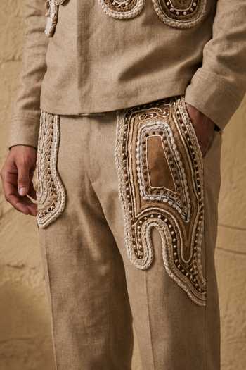 Shop_ROHIT DOSHI_Beige Linen Braid And Butter Shacket With Pant _Online_at_Aza_Fashions