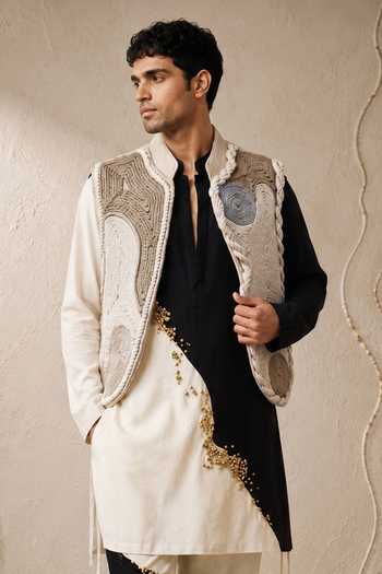 Buy_ROHIT DOSHI_Beige Embroidery Incordnito Sleeveless Bundi And Kurta Set _Online_at_Aza_Fashions
