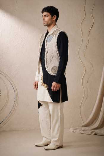 Shop_ROHIT DOSHI_Beige Embroidery Incordnito Sleeveless Bundi And Kurta Set _Online_at_Aza_Fashions