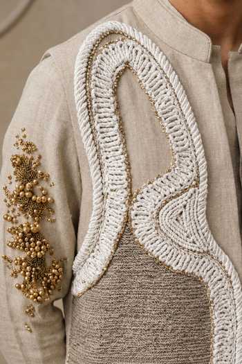 Rohit Doshi_Beige Linen Forget Me Knot Bundi Kurta Set _Online_at_Aza_Fashions