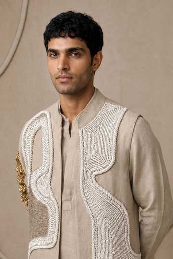 Buy_Rohit Doshi_Beige Linen Forget Me Knot Bundi Kurta Set _Online_at_Aza_Fashions