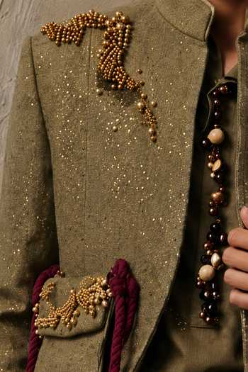 ROHIT DOSHI_Green Sequins, Beads No String Attached Open Jodhpuri Set _Online_at_Aza_Fashions