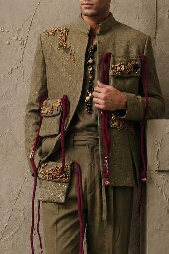 Buy_ROHIT DOSHI_Green Sequins, Beads No String Attached Open Jodhpuri Set _Online_at_Aza_Fashions