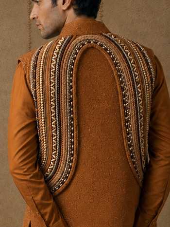 Rohit Doshi_Orange Silk, Linen Embroidery, Sequins, Beads, Unbeadable Bundi Kurta Set _Online_at_Aza_Fashions